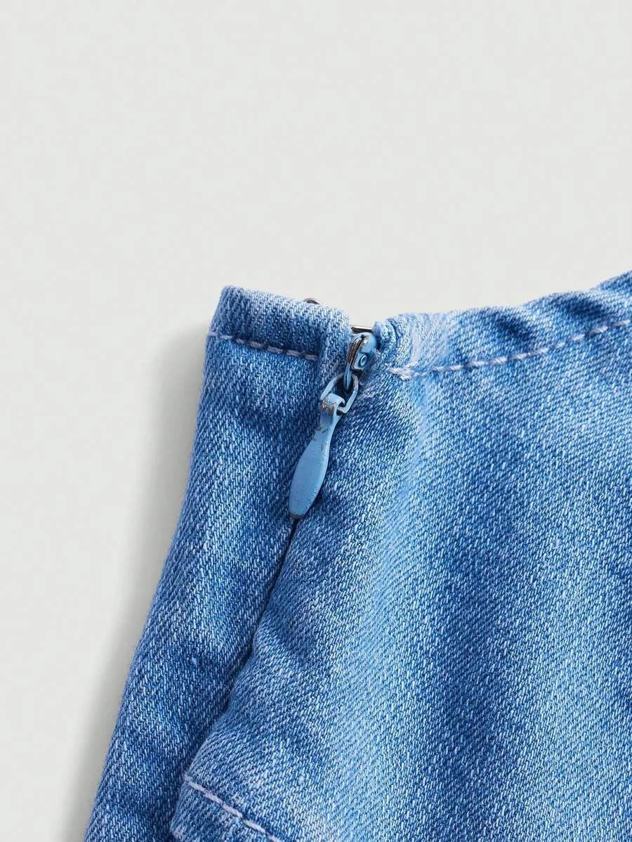 Blue Asymmetrical One Shoulder Twist Front Denim Dress