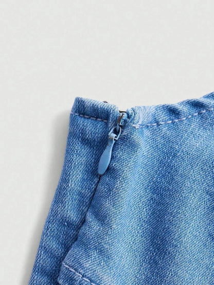 Blue Asymmetrical One Shoulder Twist Front Denim Dress