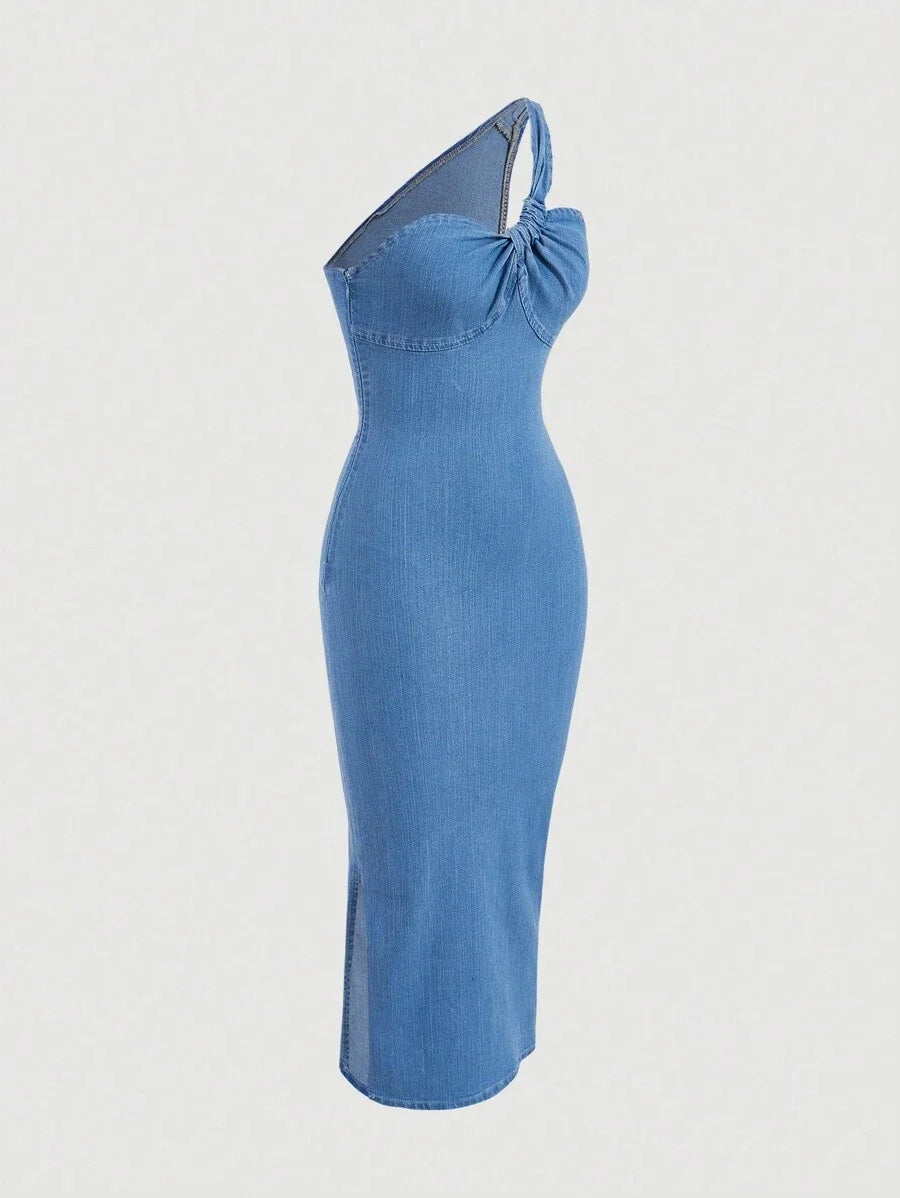 Blue Asymmetrical One Shoulder Twist Front Denim Dress