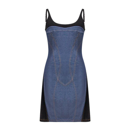 Blue Bodycon Slim Fit Sleeveless Patchwork Jeans Dress for Women