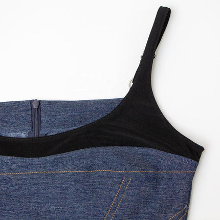 Sarah wearing Blue Bodycon Slim Fit Sleeveless Patchwork Jeans Dress