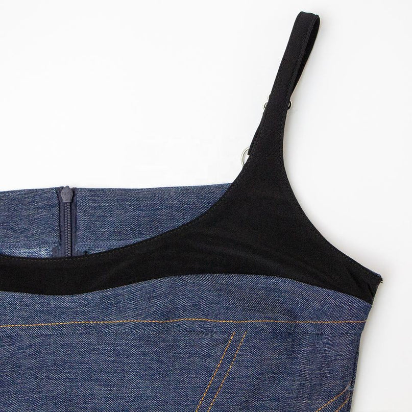 Sarah wearing Blue Bodycon Slim Fit Sleeveless Patchwork Jeans Dress