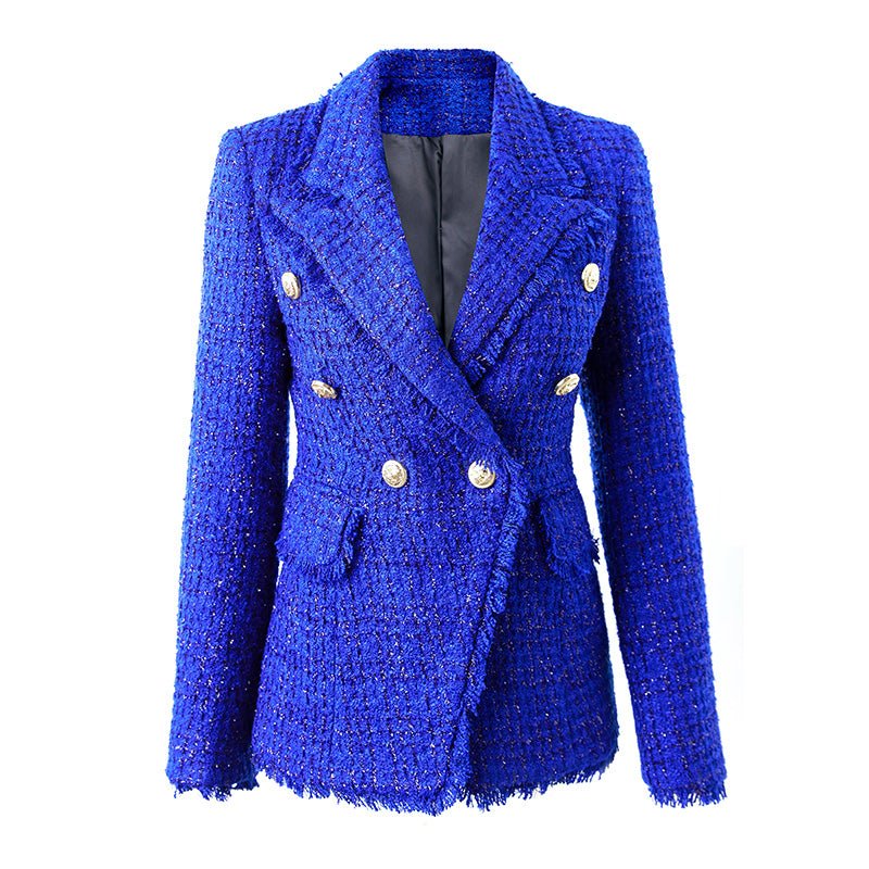 Blue Bouclé Double-Breasted Blazer with Gold Buttons