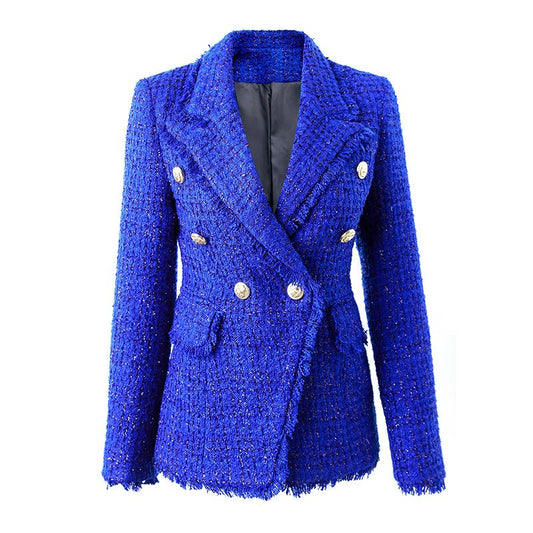 Blue Bouclé Double-Breasted Blazer with Gold Buttons