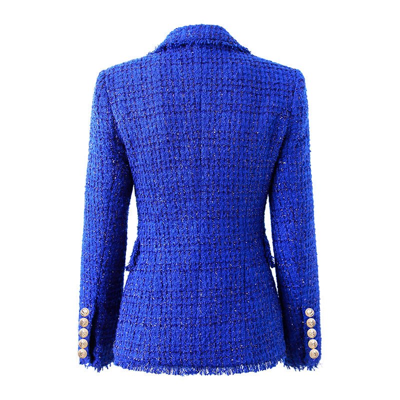 Blue Bouclé Double-Breasted Blazer with Gold Buttons