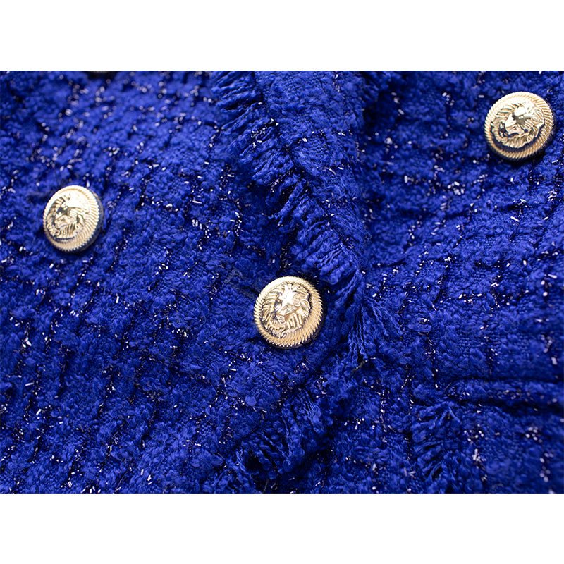 Blue Bouclé Double-Breasted Blazer with Gold Buttons