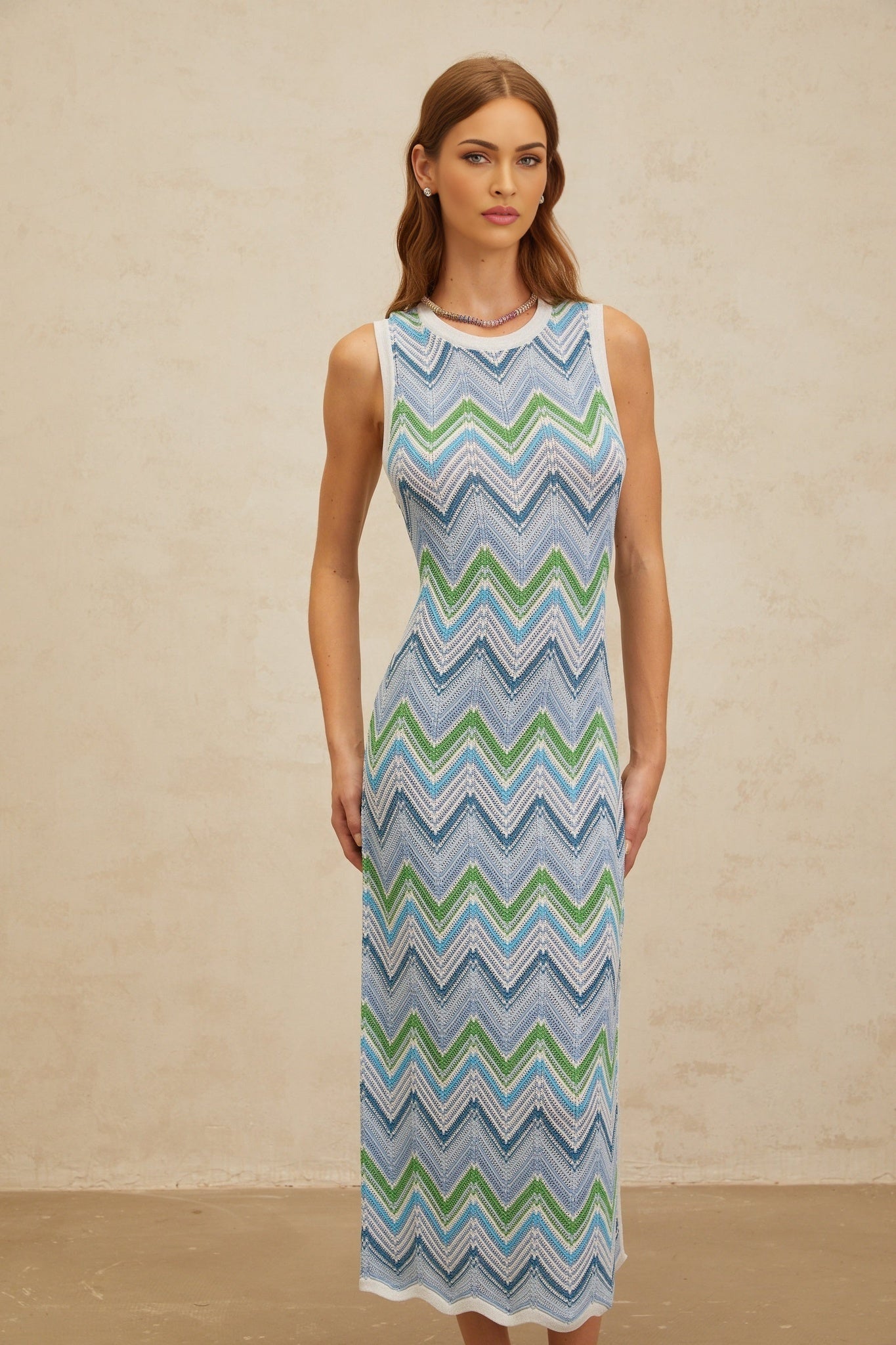 Blue Chevron Knit Sleeveless Midi Dress