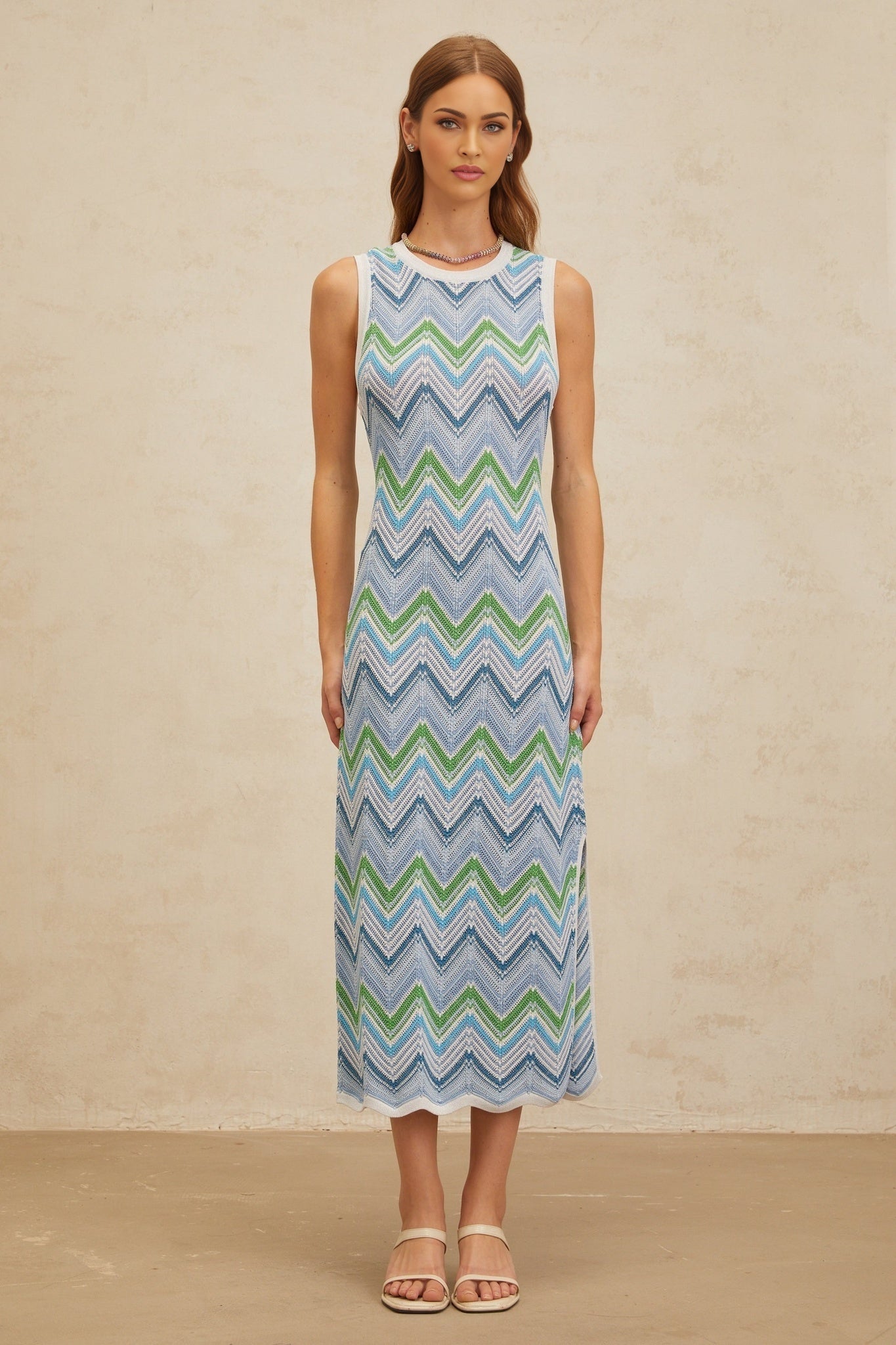 Blue Chevron Knit Sleeveless Midi Dress