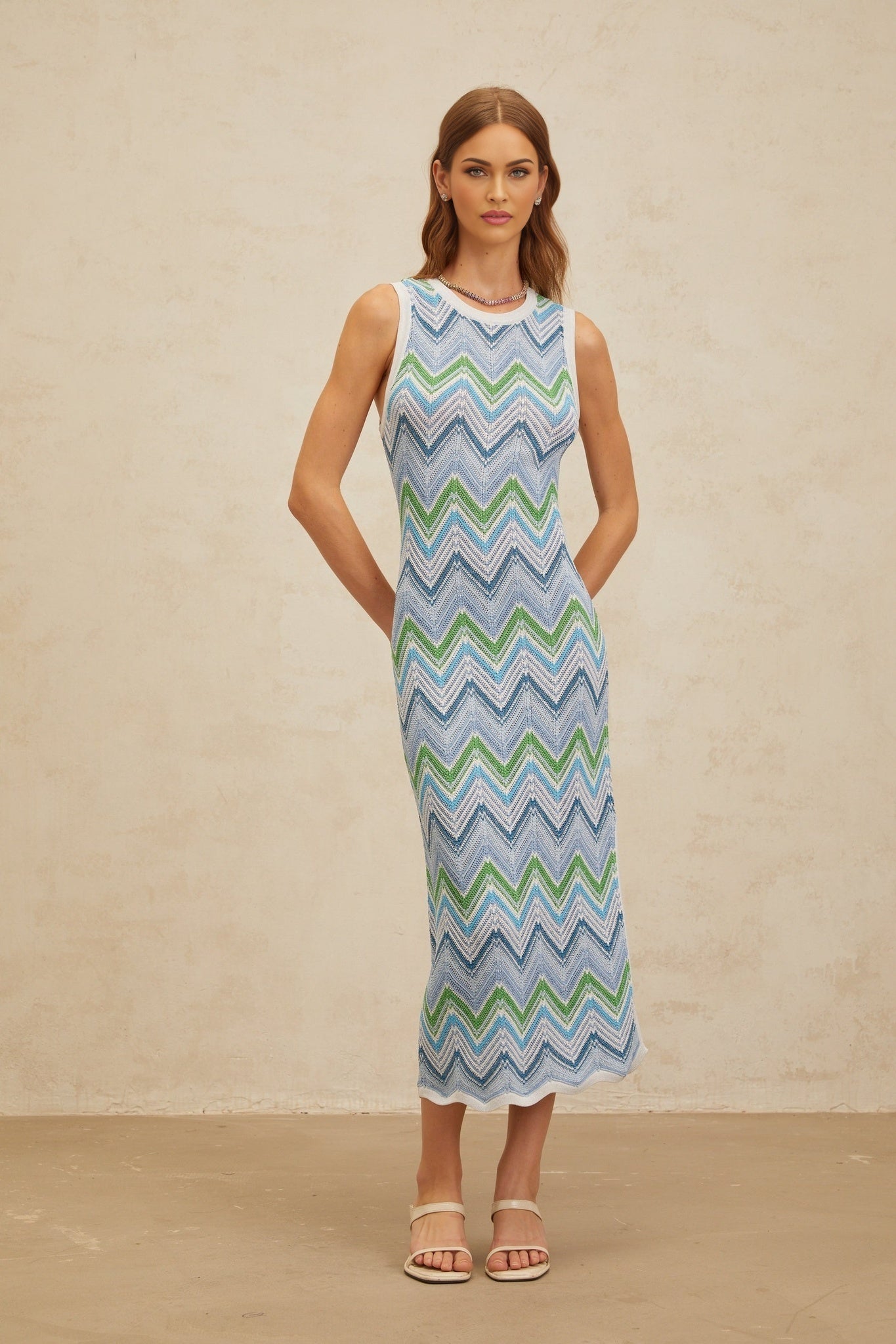 Blue Chevron Knit Sleeveless Midi Dress