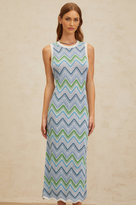 Blue Chevron Knit Sleeveless Midi Dress with Side Slit