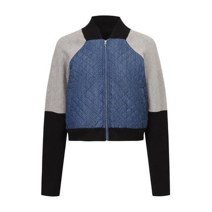 Jane wearing Blue Color Block Patchwork Bomber Jacket with Quilted Design and Stand-Up Collar