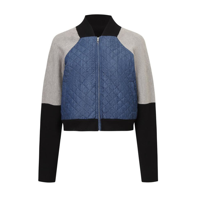 Jane wearing Blue Color Block Patchwork Bomber Jacket with Quilted Design and Stand-Up Collar