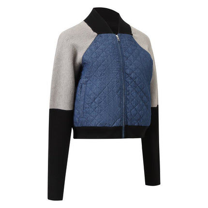 Jane wearing Blue Color Block Patchwork Bomber Jacket