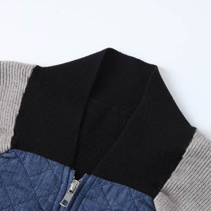 Jane wearing Blue Color Block Patchwork Bomber Jacket with Quilted Design and Zipper Closure