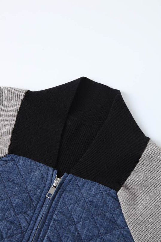 Jane wearing Blue Color Block Patchwork Bomber Jacket with Quilted Design and Zipper Closure