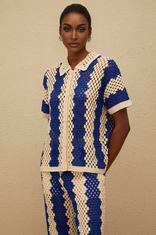 Blue Crochet Knit Shirt and Trousers Set with Cut-out Detailing