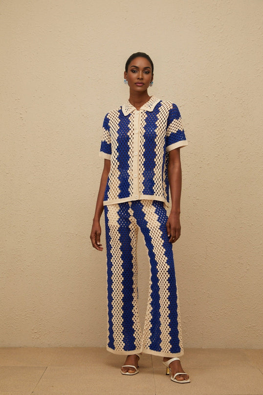 Blue Crochet Knit Shirt and Trousers Set with Cut-Out Detailing