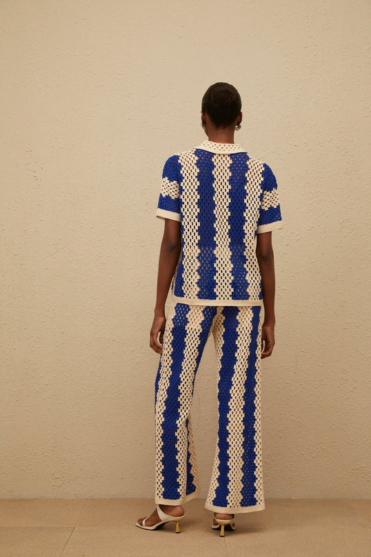 Blue Crochet Knit Shirt and Trousers Set with Cut-out Detailing