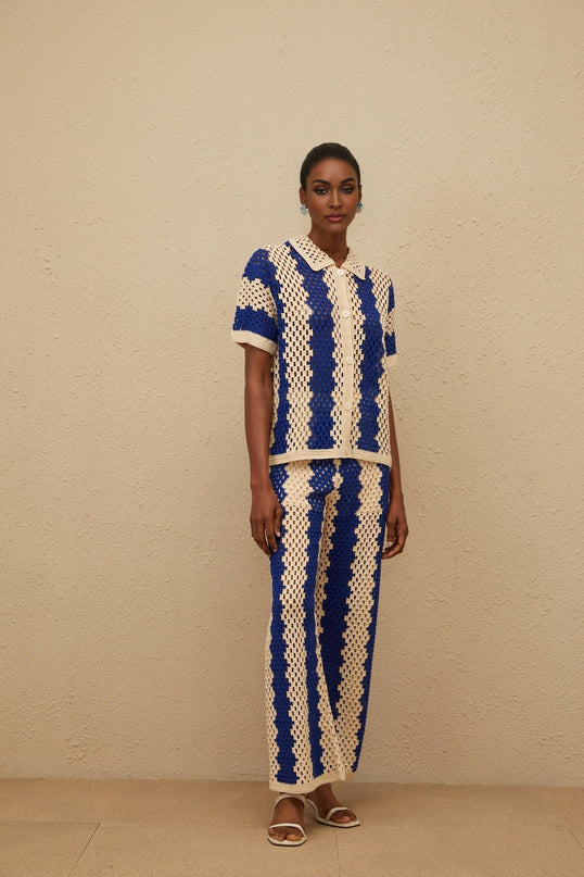 Blue Crochet Knit Shirt and Trousers Set with Cut-Out Detailing and Notched Lapels