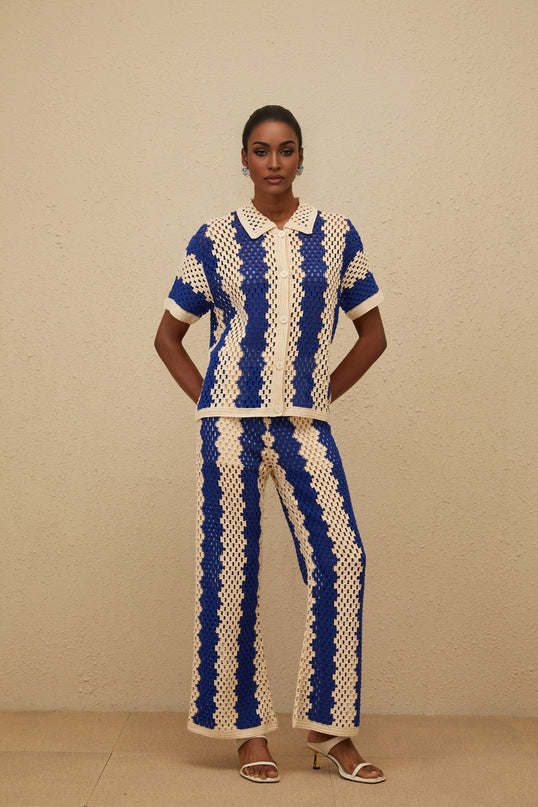 Blue Crochet Knit Shirt and Trousers Set with Cut-Out Detailing
