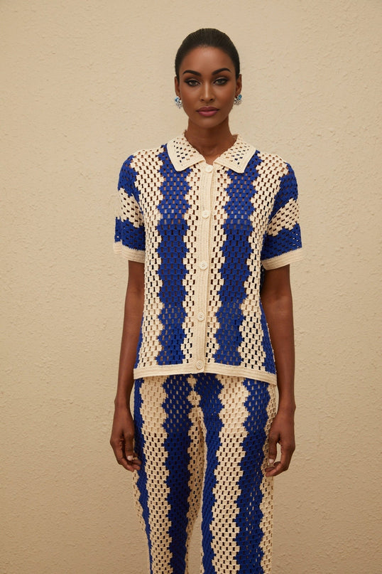 Blue Crochet Knit Shirt and Trousers Set with Cut-Out Detailing and Notched Lapels