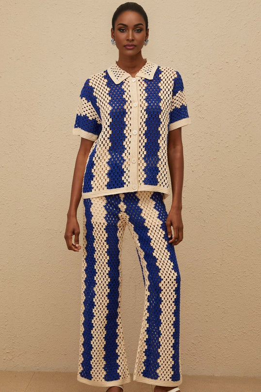 Blue Crochet Knit Shirt and Trousers Set with Cut-Out Detailing and Notched Lapels