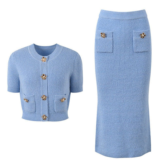 Blue Cropped Cardigan and Pencil Skirt Ensemble in Soft Pastel Hue