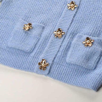 Blue Cropped Cardigan and Pencil Skirt Ensemble in Soft Pastel Blue Hue