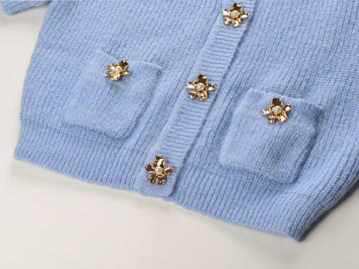 Blue Cropped Cardigan and Pencil Skirt Ensemble in Soft Pastel Blue Hue