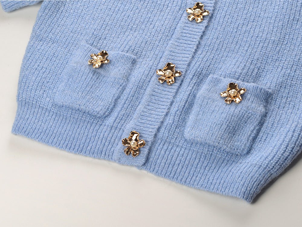 Blue Cropped Cardigan and Pencil Skirt Ensemble in Soft Pastel Hue