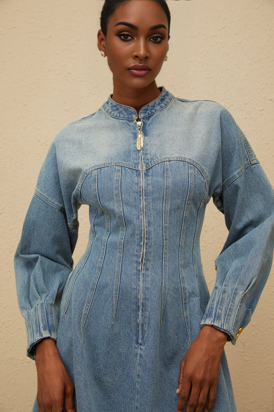 Blue Denim Flared Hem Dress with Buttoned Cuffs and Crew Neck