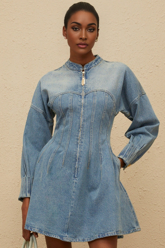 Blue Denim Flared Hem Dress with Crew Neck and Buttoned Cuffs