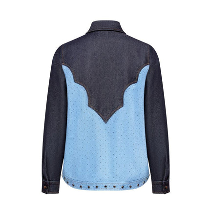 Blue denim jacket with contrast design lapel collar and washed finish