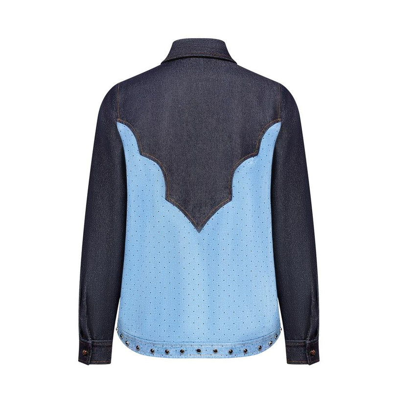 Blue denim jacket with contrast design lapel collar and washed finish