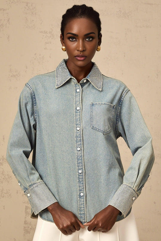 Blue denim shirt with rhinestone embellishments called Flavie