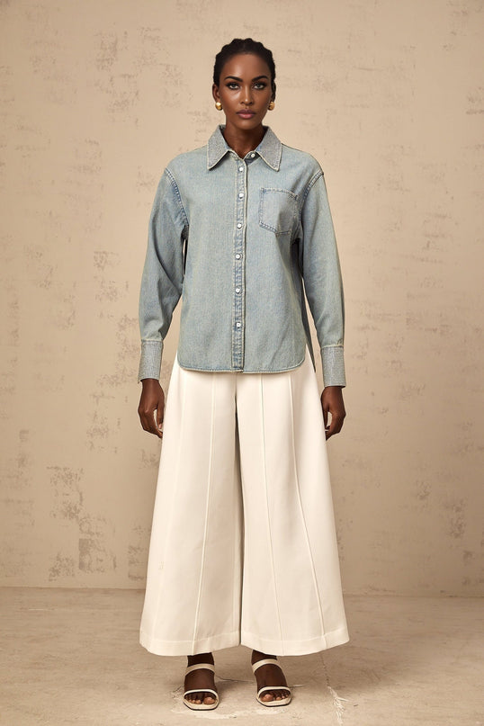 Blue denim shirt with rhinestone embellishments called Flavie