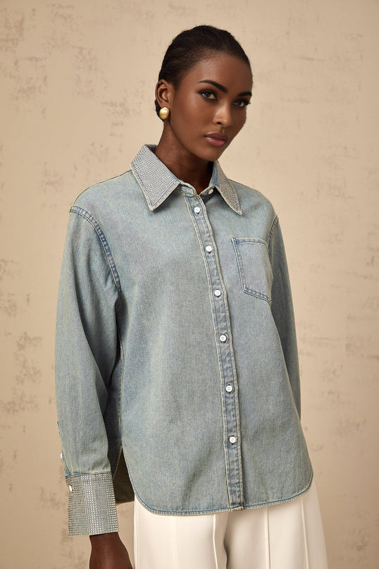 Blue denim shirt with rhinestone embellishments named Flavie