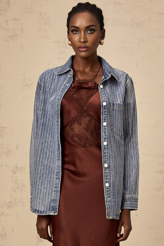 Blue denim shirt with vertical stripes and embellishments named Josephine