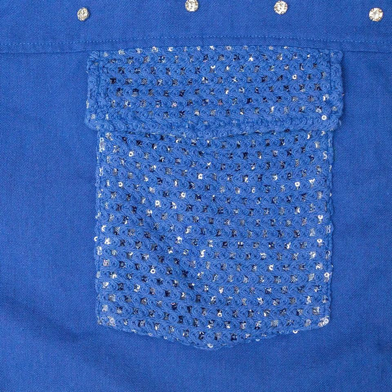 Blue designer blouse with full sleeves and pearl accents for women