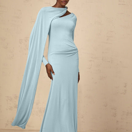 Blue Diagonal Shawl Draped Maxi Dress with Silver-tone Hardware