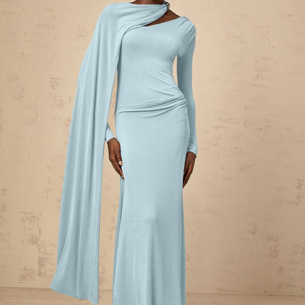 Blue Diagonal Shawl Long Sleeve Maxi Dress with Silver-tone Hardware