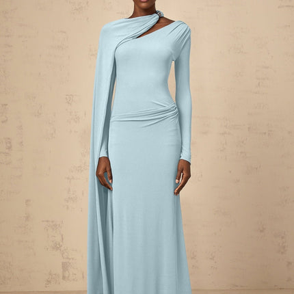 Blue Diagonal Shawl Maxi Dress with Draped and Ruched Detailing
