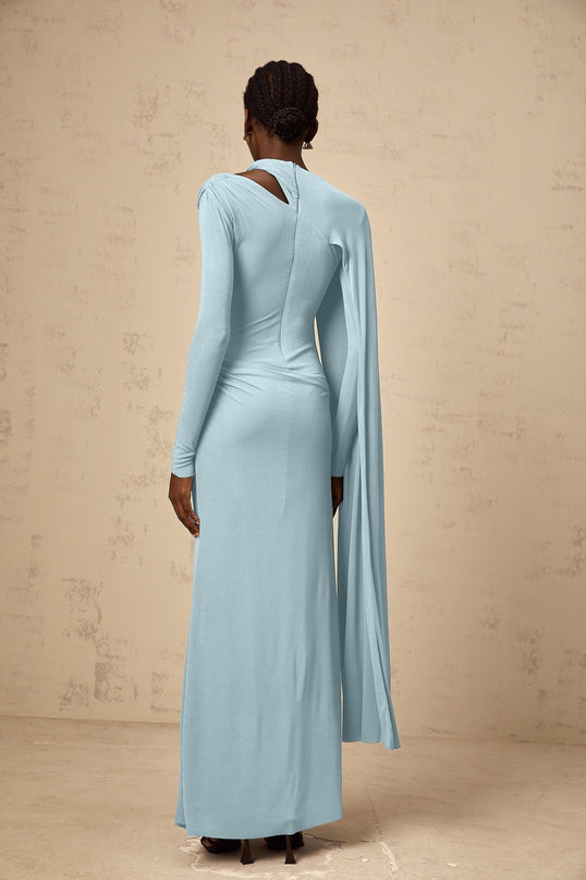 Blue diagonal-shawl maxi dress with draped and ruched detailing