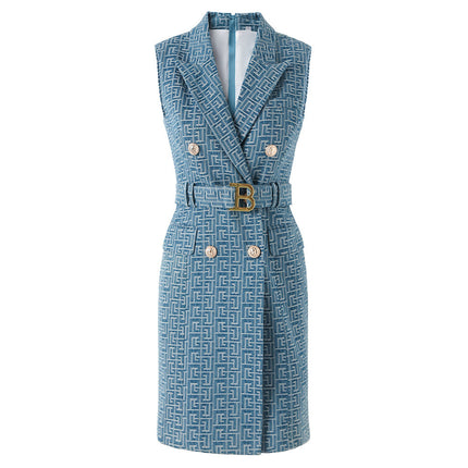 Blue double-breasted tailored sleeveless dress with belted waist in soft blue with contrasting pattern