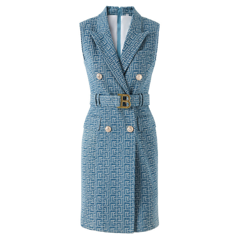 Blue double-breasted tailored sleeveless dress with belted waist in soft blue with contrasting pattern