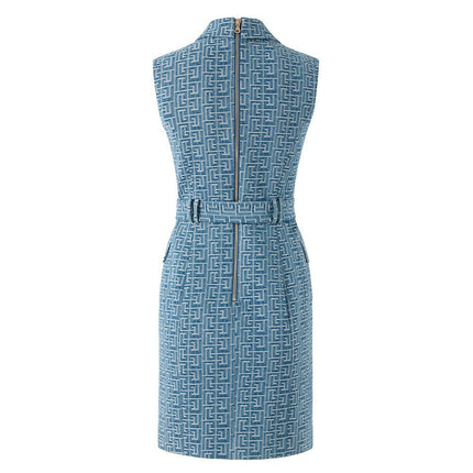 Blue double-breasted tailored sleeveless dress with logo buckle and decorative buttons