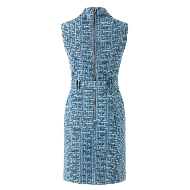 Blue double-breasted tailored sleeveless dress with logo buckle and decorative buttons