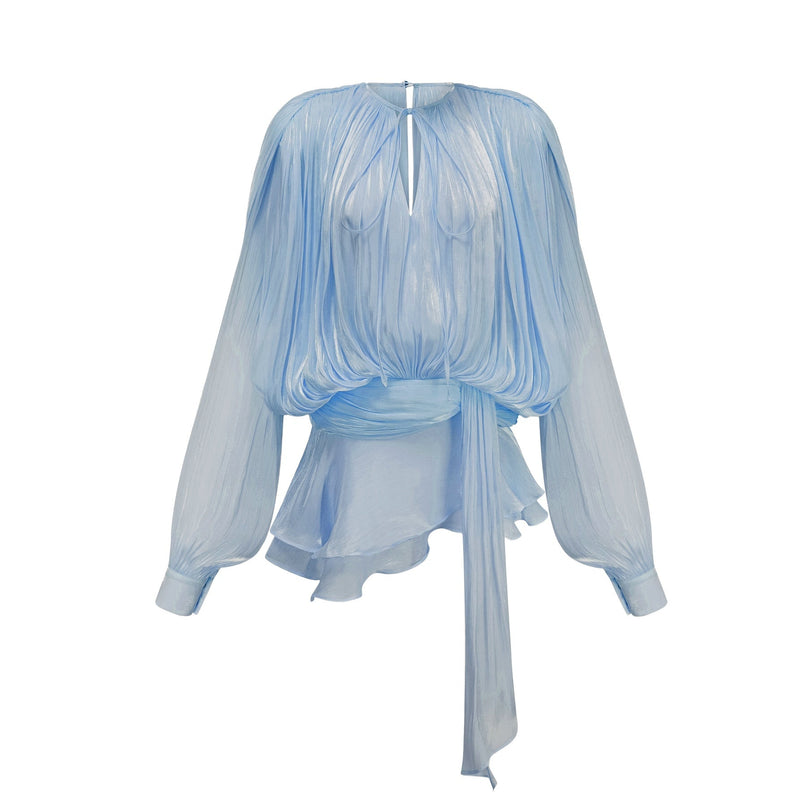 Blue Eugenie mini dress with full pleats and ruffles