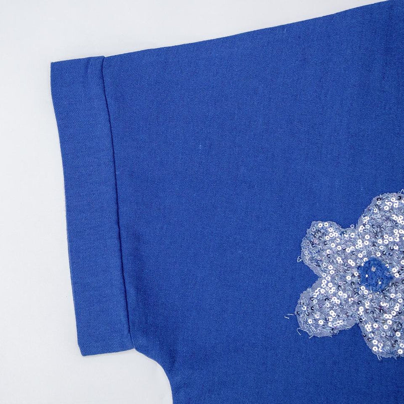 Blue floral blouse with pearl buttons for women