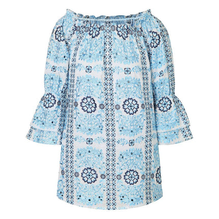 Sarah wearing Blue Floral Embroidered Blouse